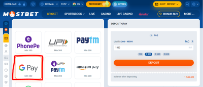 How to deposit on Mostbet using Gpay